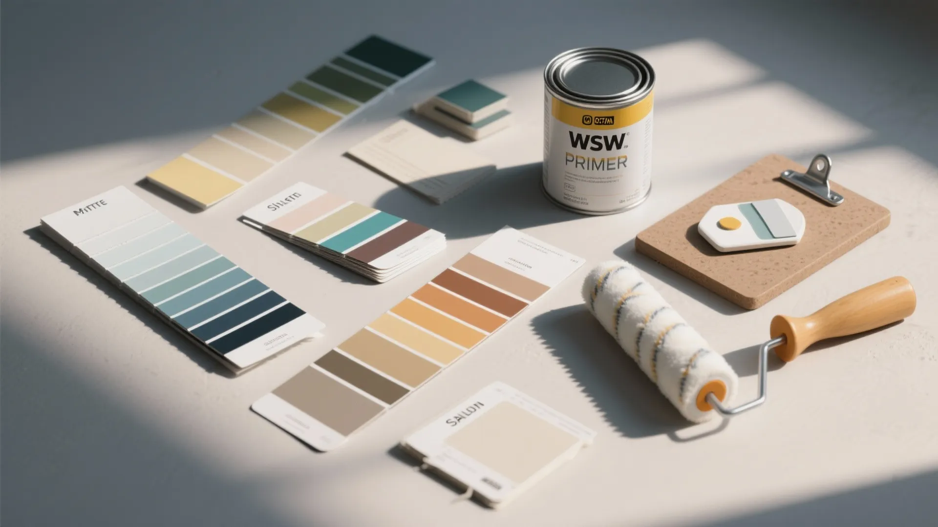 Paint color cards arranged on a table with a paint can a roller and clipboard