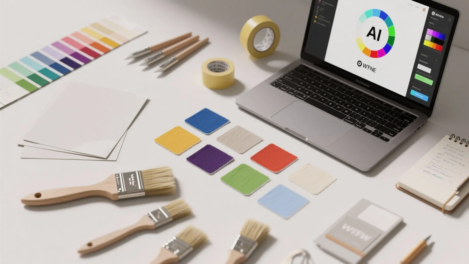 Top-down view of paint swatches, brushes, tape, and a laptop showing palette previews for planning paint choices.