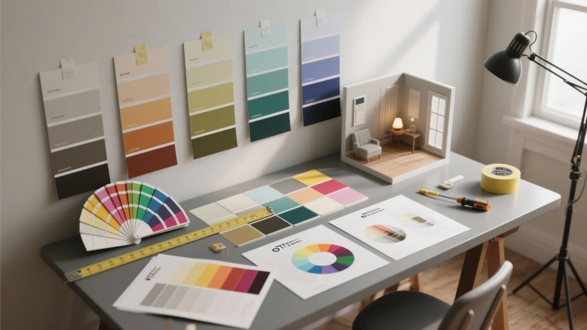 Interior design workstation with color swatches paint cards mini room model and tools on desk
