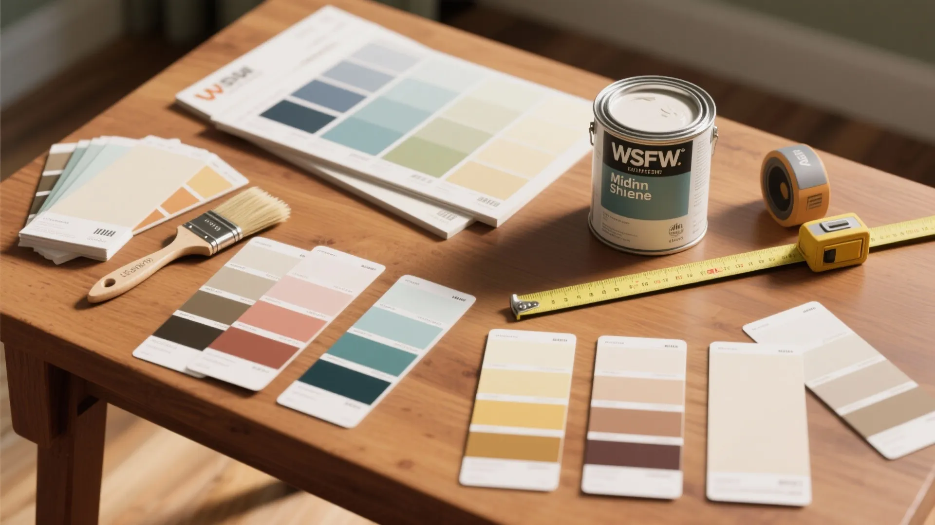 Wooden table with various colorful paint color samples a brush paint can and measuring tape
