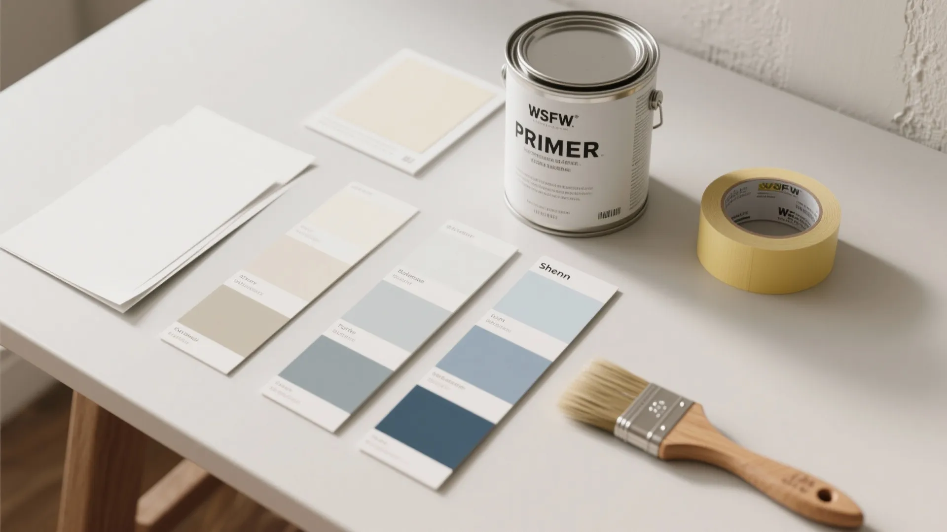 White table with paint can color cards tape and brush for home interior design project preparation
