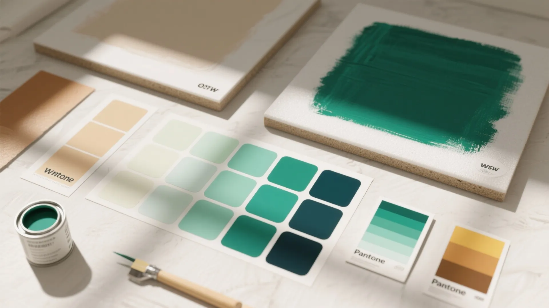 Various green and brown paint color samples and tools placed on a white marble table