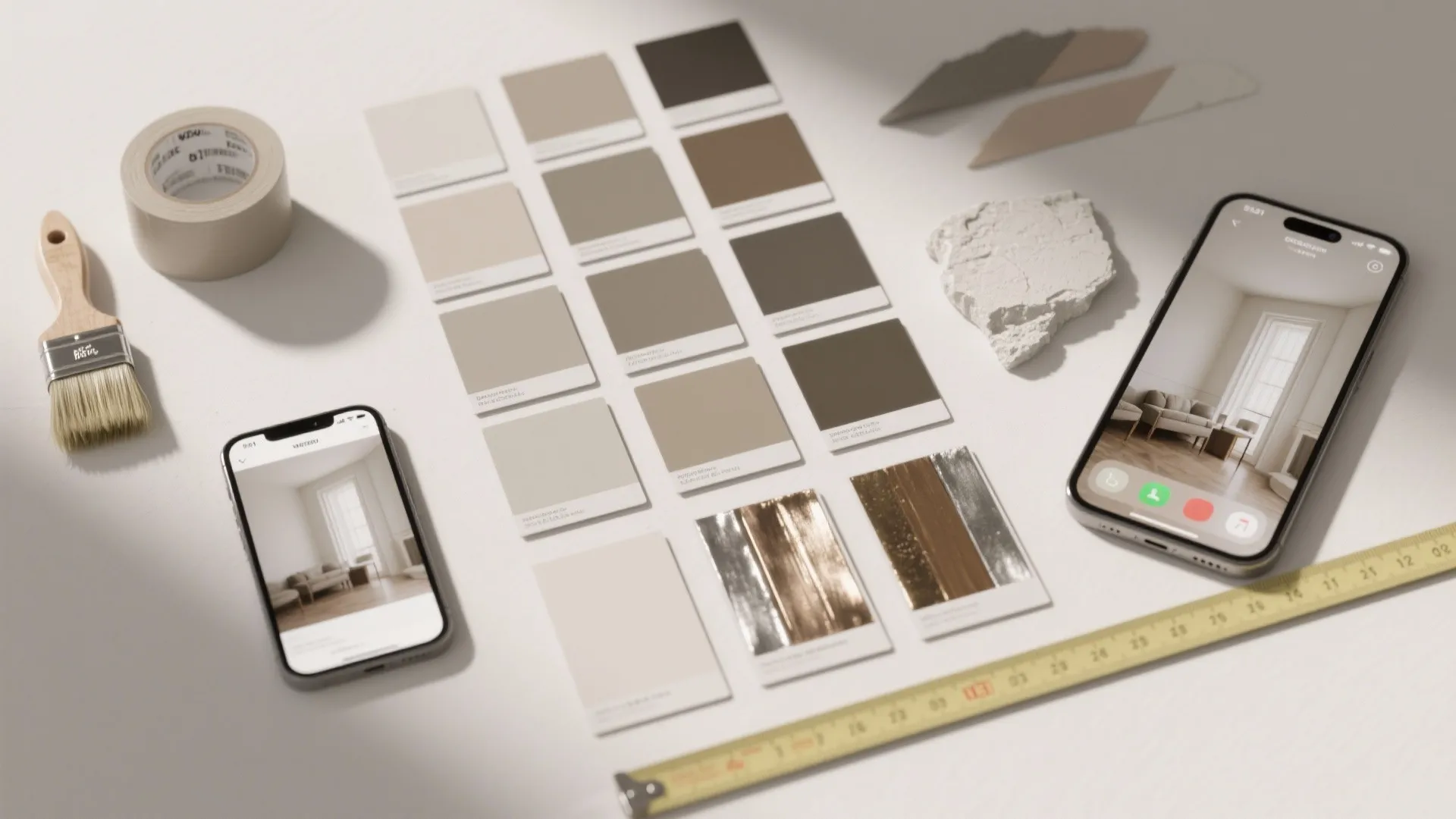 Top-down flatlay of paint sample cards, swatches, brushes, plaster chip, and a phone showing a render mockup for testing colors.