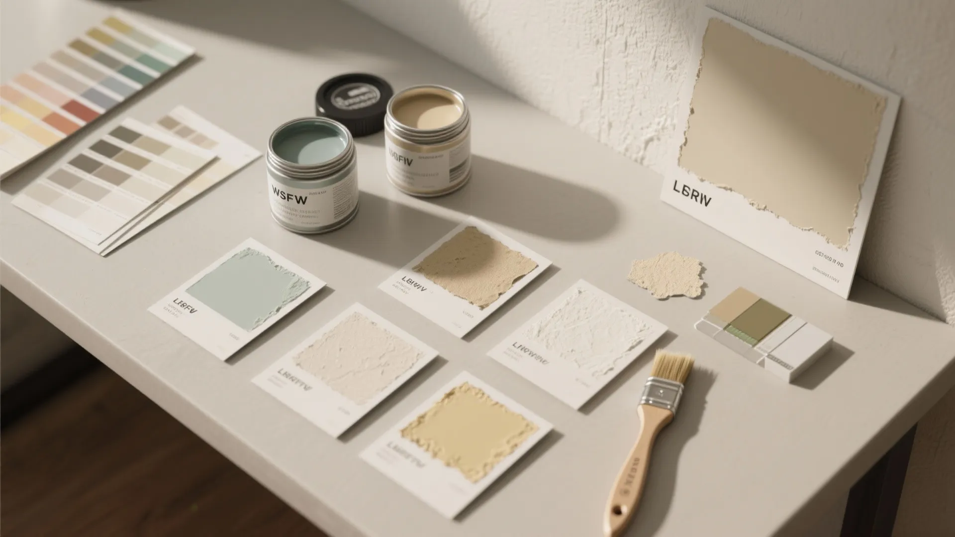 Table with paint cans, brushes, and color cards showing different neutral and green wall shades