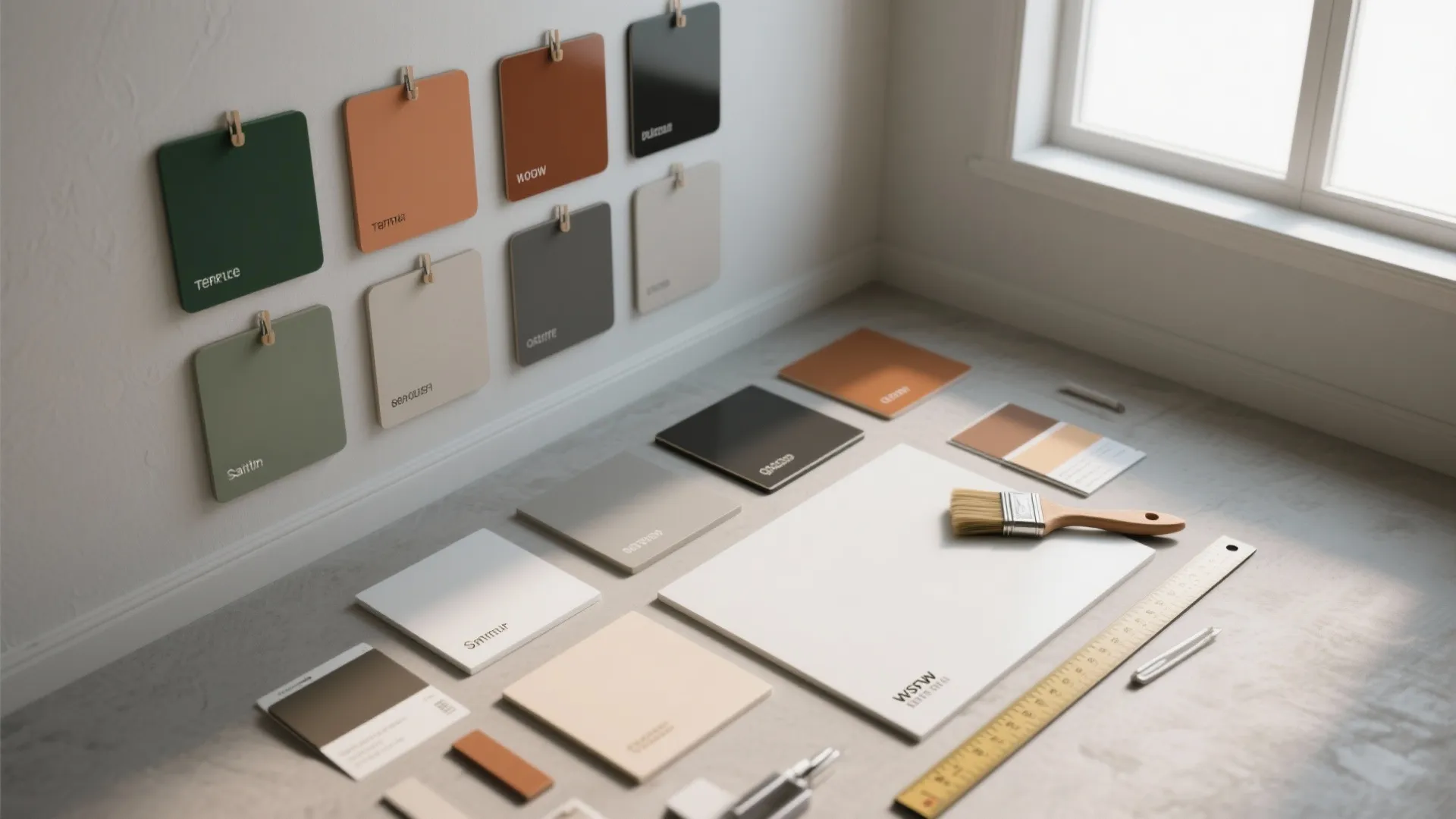 Top-down flatlay of paint sample boards, swatches, brushes and finish cards for testing undertones and LRV in situ.