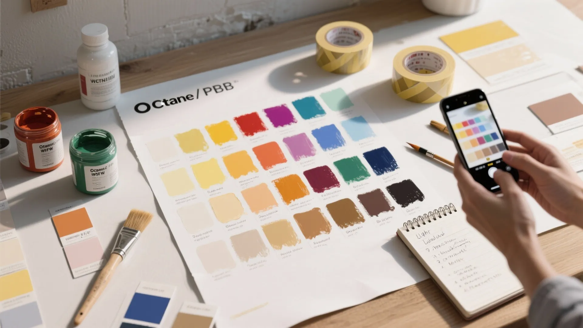 Person taking photo of colorful paint color palette with smartphone next to brushes and jars