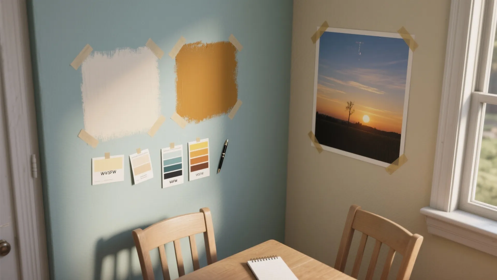 Blue and beige walls with paint color samples sunset photo and wood table with notebook