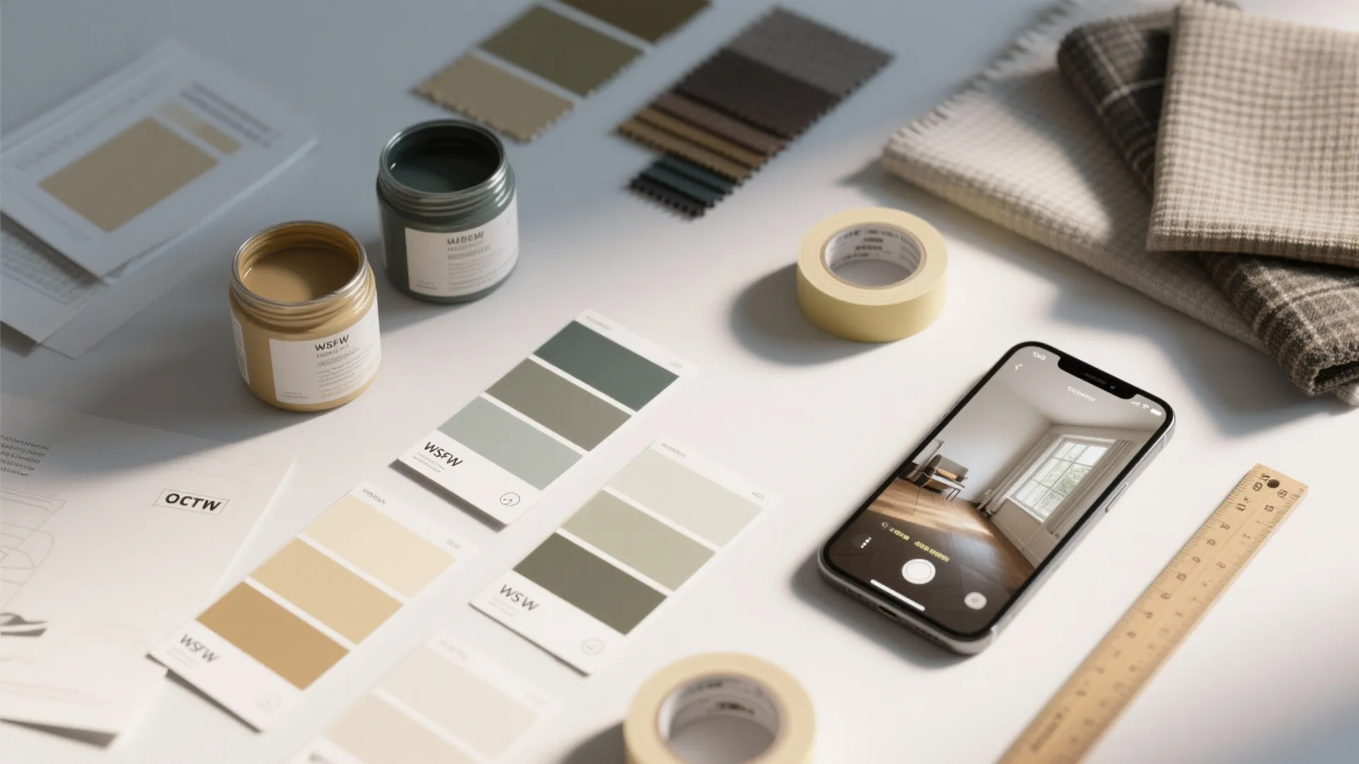 Table with paint cans color swatches fabric samples a smartphone ruler and paper design tools