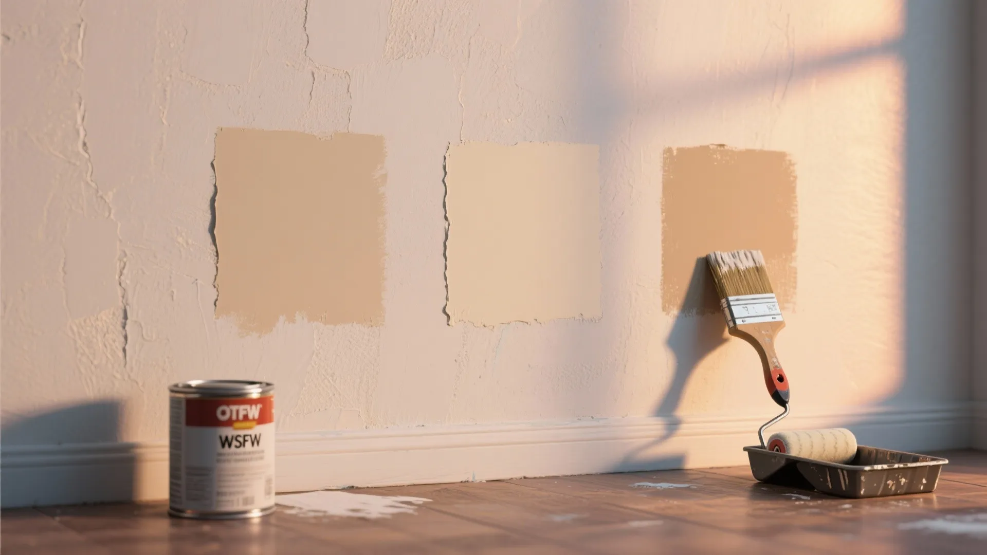 Three beige paint color samples on wall with paint can brush and a roller tray