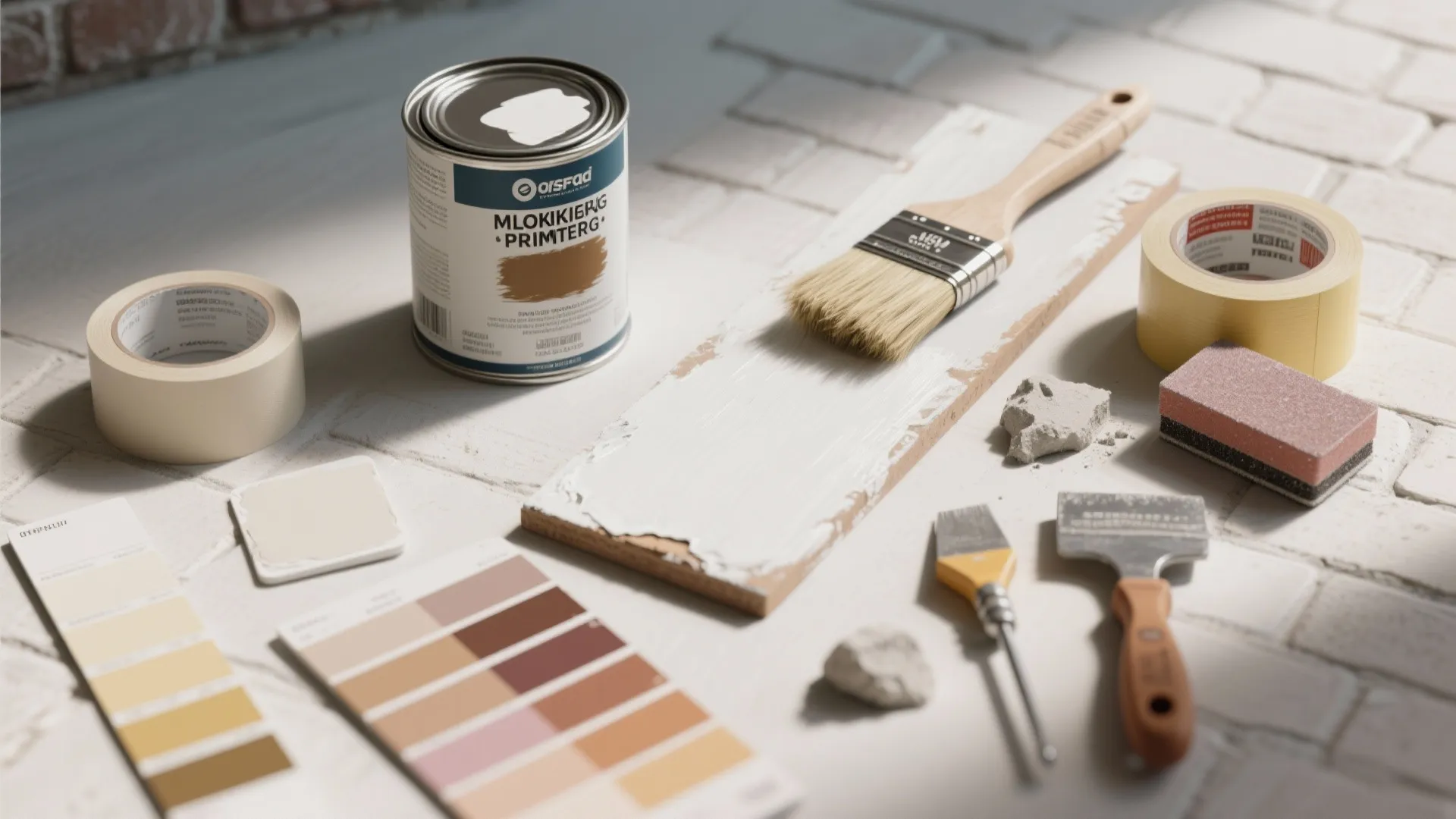 Painting tools including paint can brush tape and color samples on a white brick surface