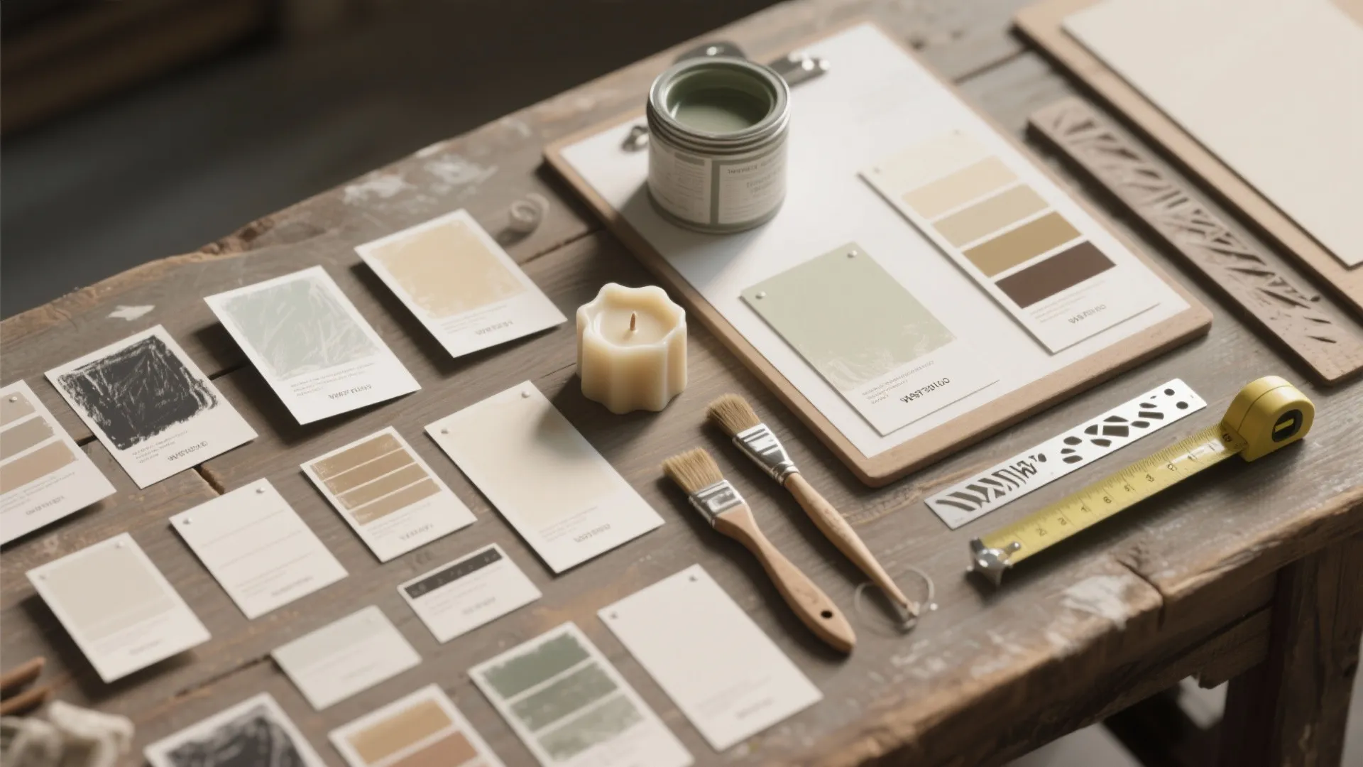 Wooden table with paint samples brushes measuring tape and a small candle for interior design