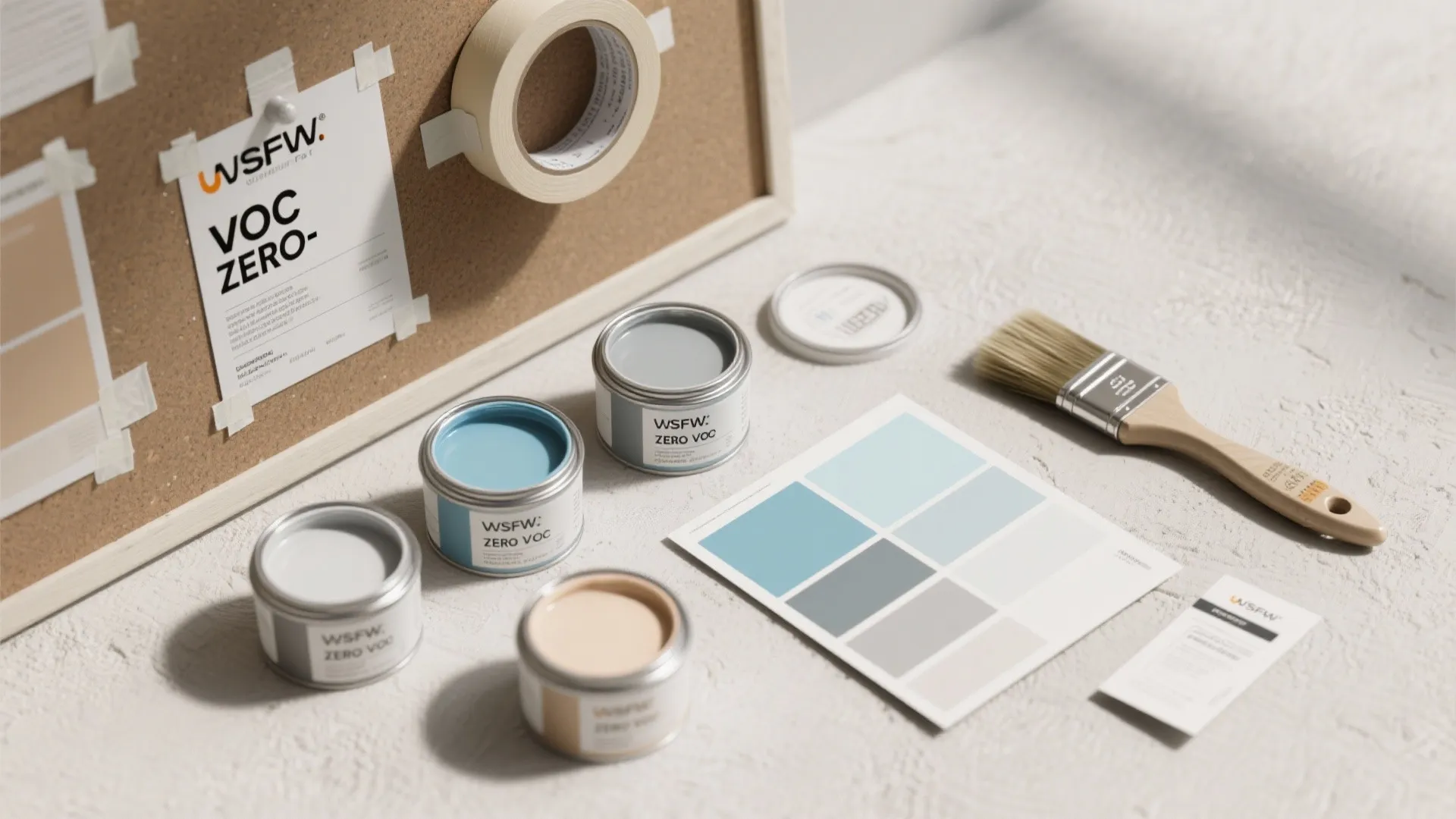 Table with four open paint cans a brush and a color palette for home renovation