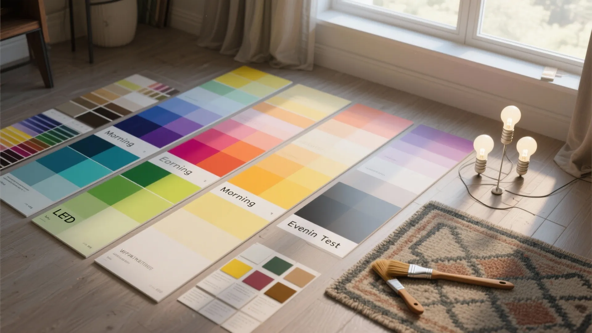 Colorful paint swatches laid on wood floor with brushes and small light bulbs near window