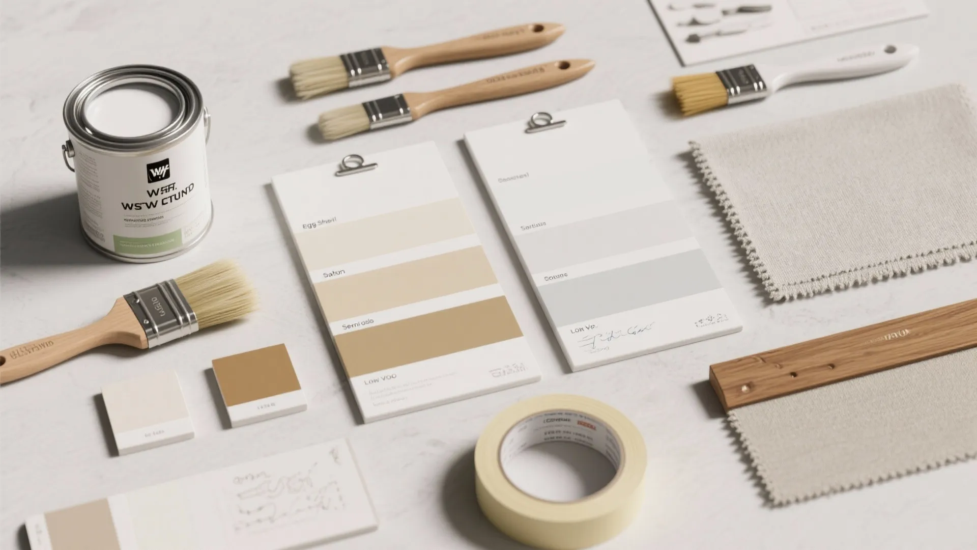 Interior design materials including paint can brushes color swatches fabric samples and masking tape on table