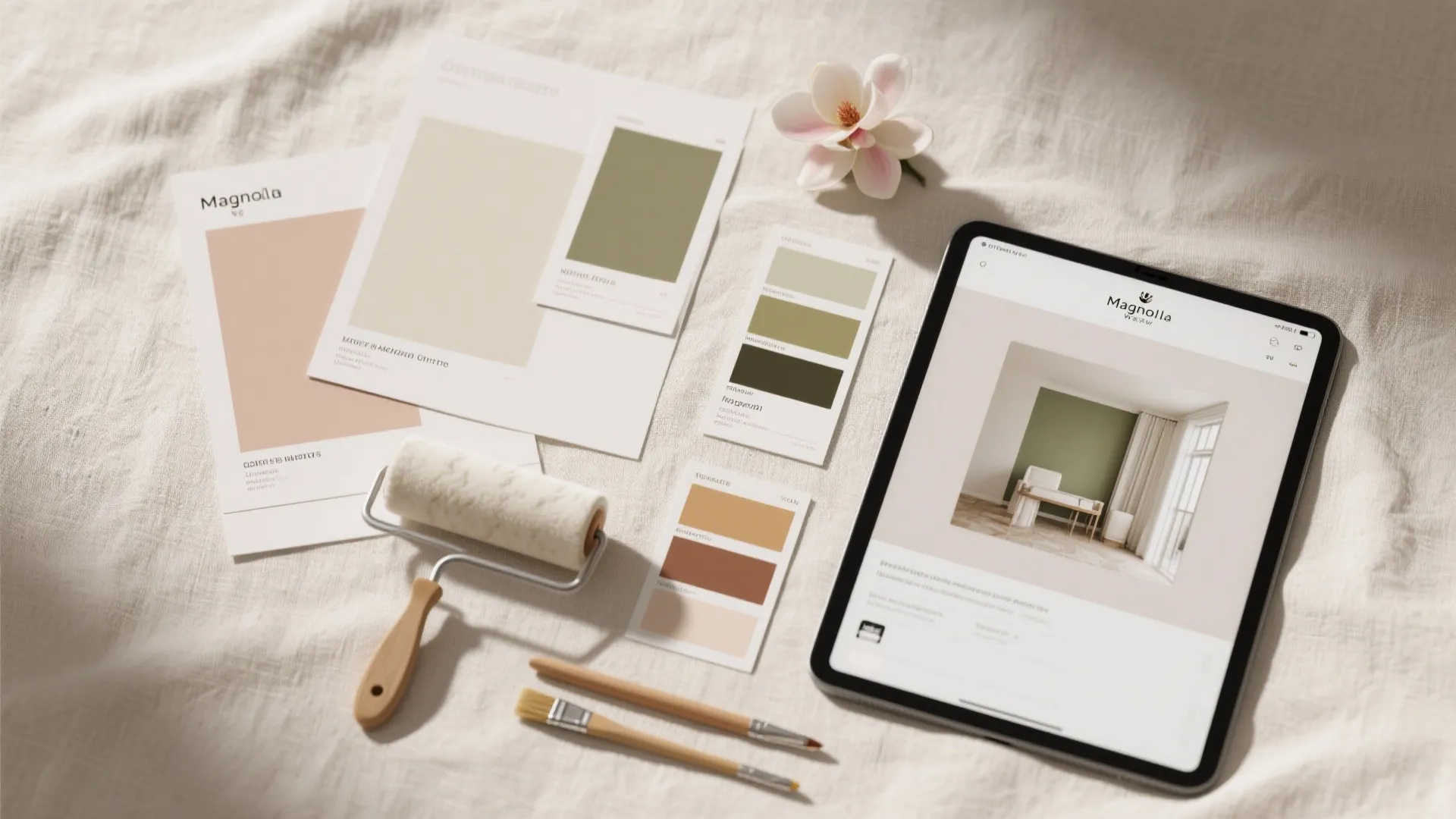 Interior design tools including paint color samples roller brush and tablet displaying a room layout