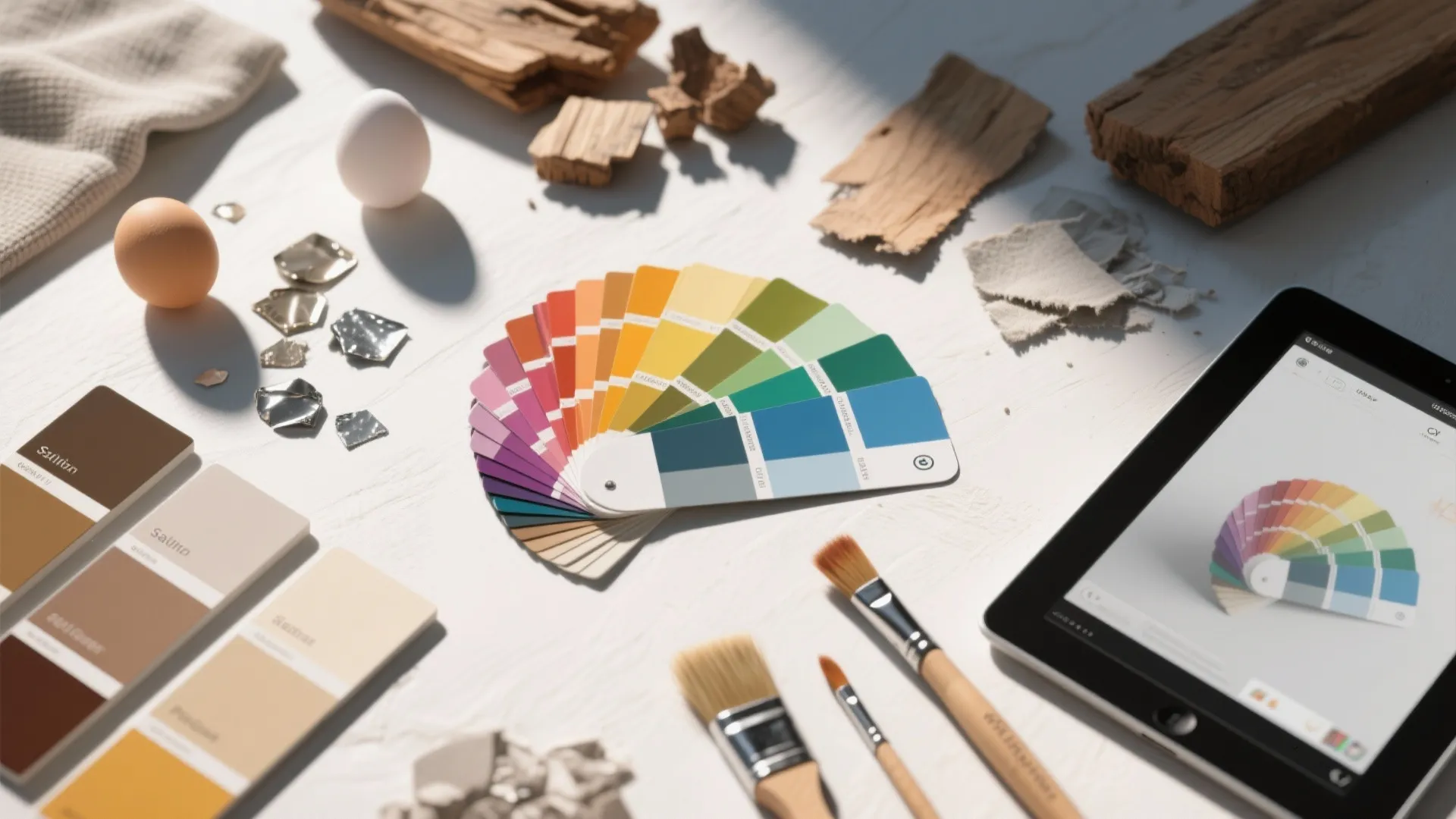 Interior design materials including color paint samples brushes wood pieces and a tablet on desk