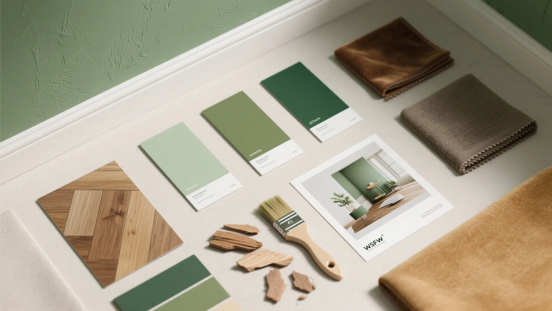 Green paint color cards with wood floor sample fabric swatches and paint brush on white surface