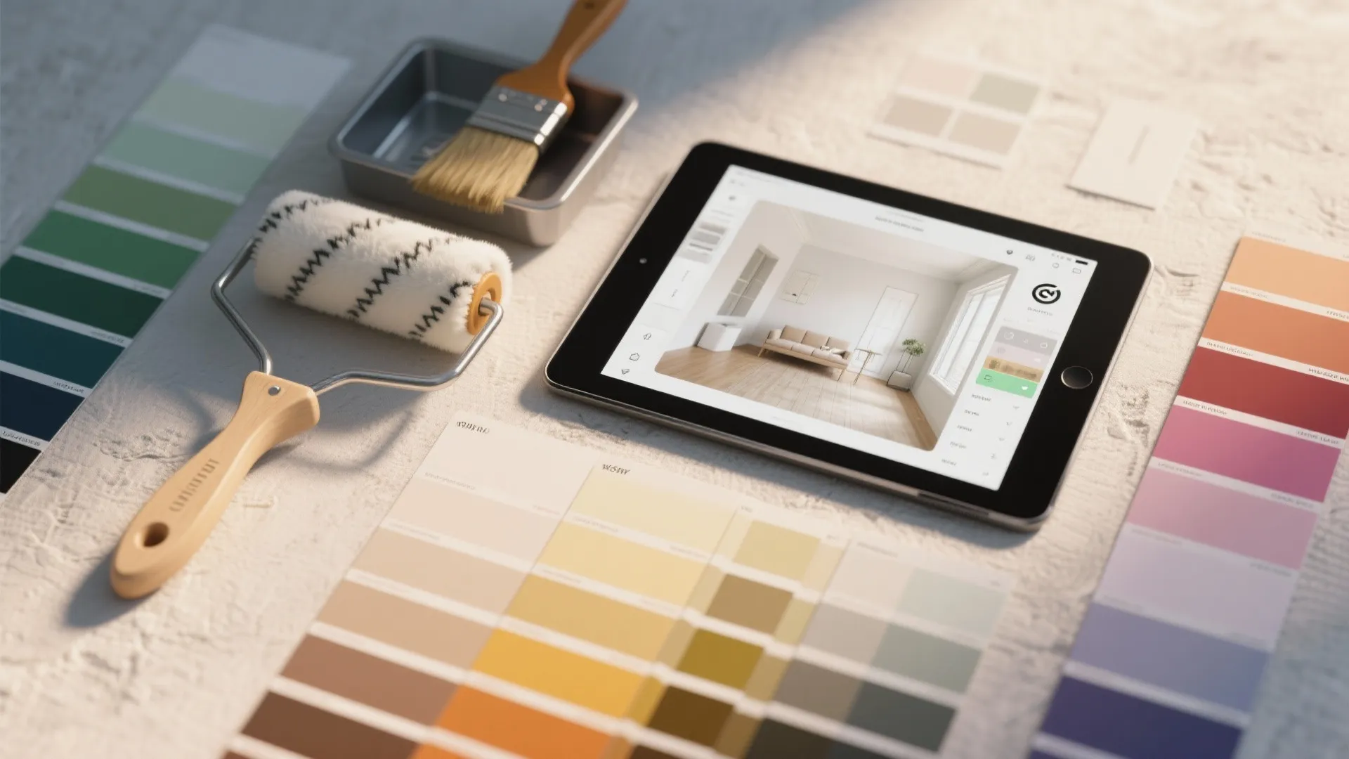 Top-down flat lay of paint swatches, sheen samples, brush and tablet with blurred room planner mockup