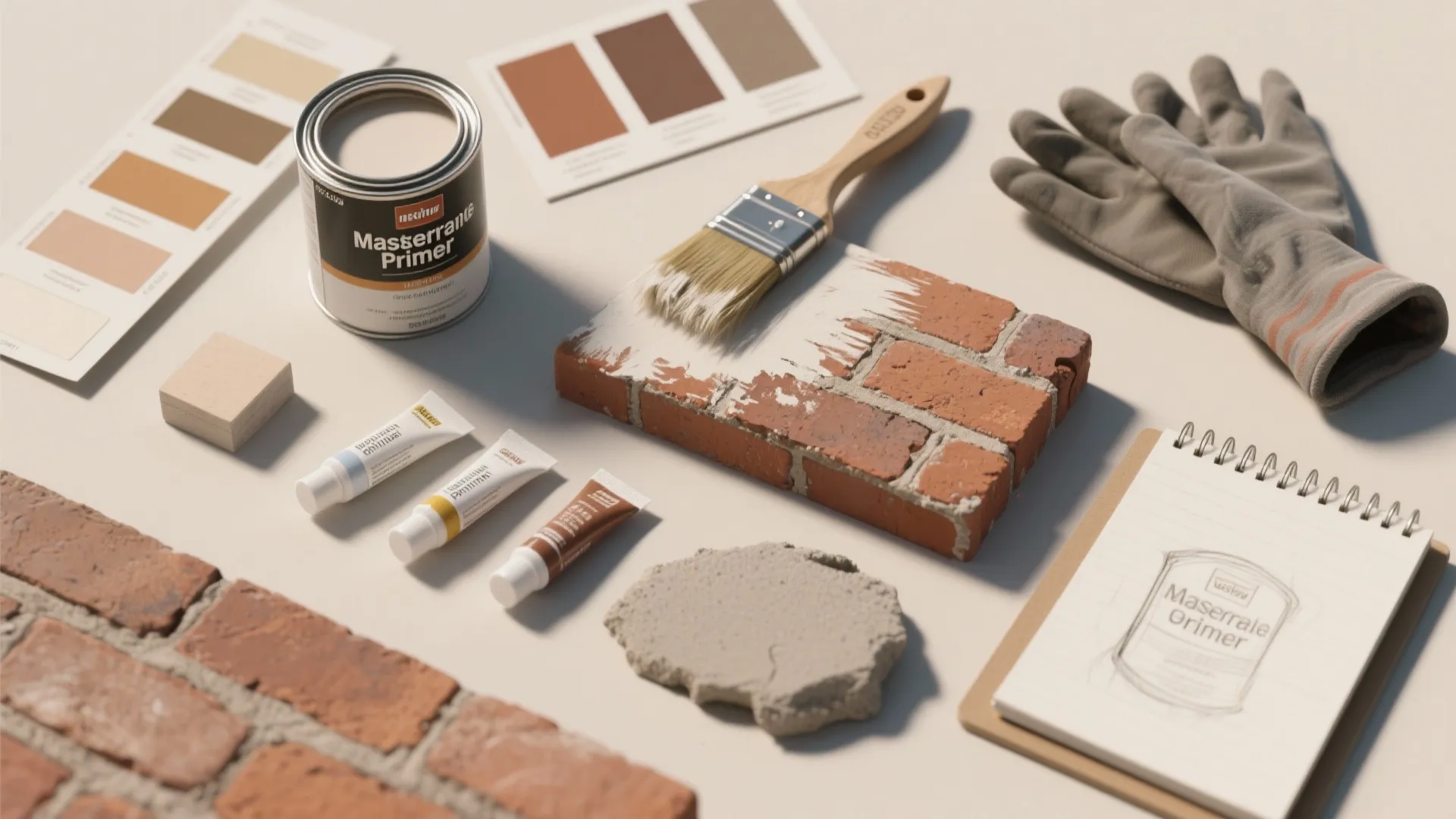 Home renovation materials including paint can brush color cards red bricks gloves and a notebook