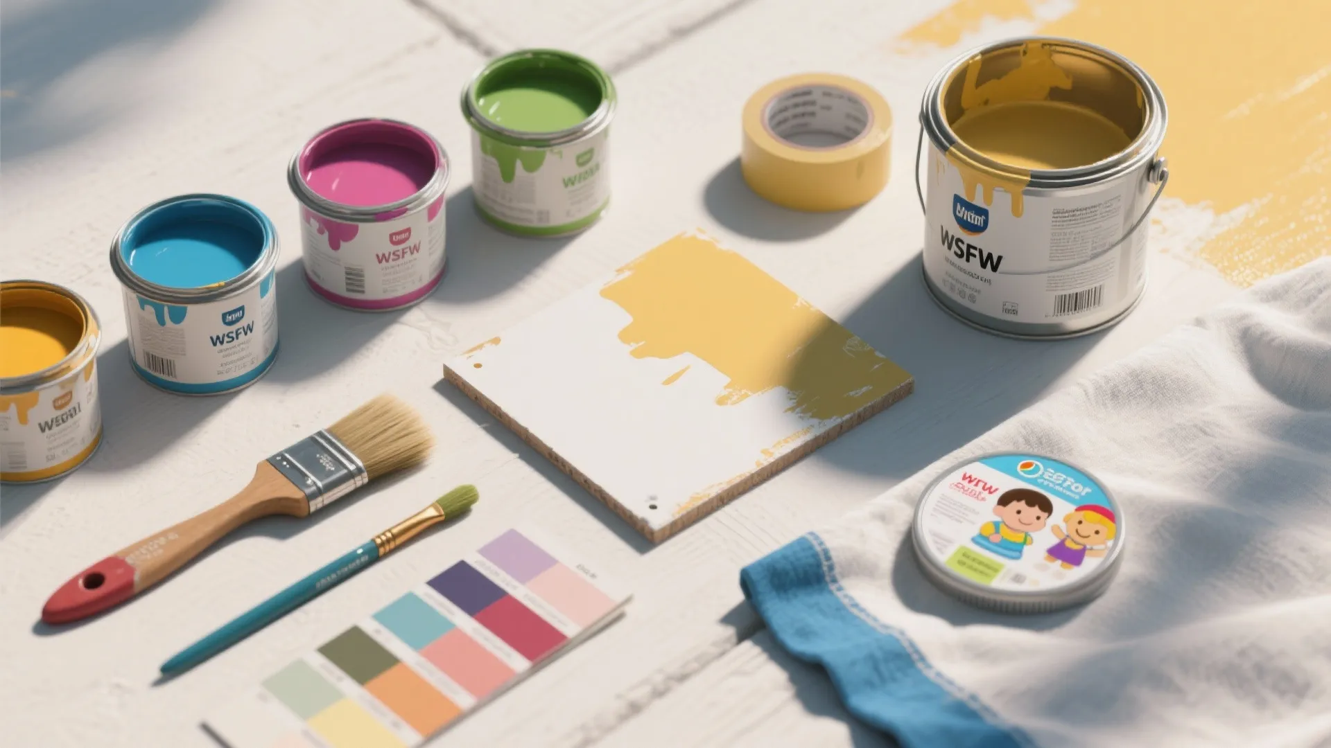 Top-down view of paint sample pots, swatches, brushes and test panel for splatter wall prep