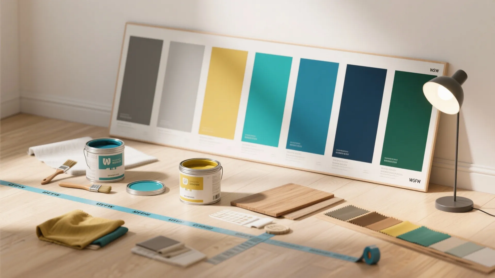 Top-down view of paint sample boards, test pots and material swatches for choosing office paint.