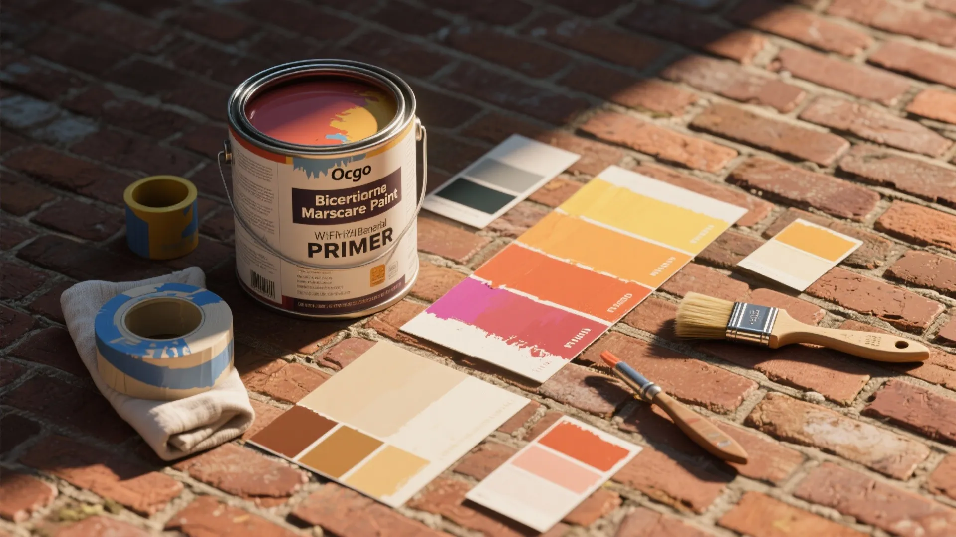 Open paint can with colorful swatches and brushes sitting on a red brick outdoor surface