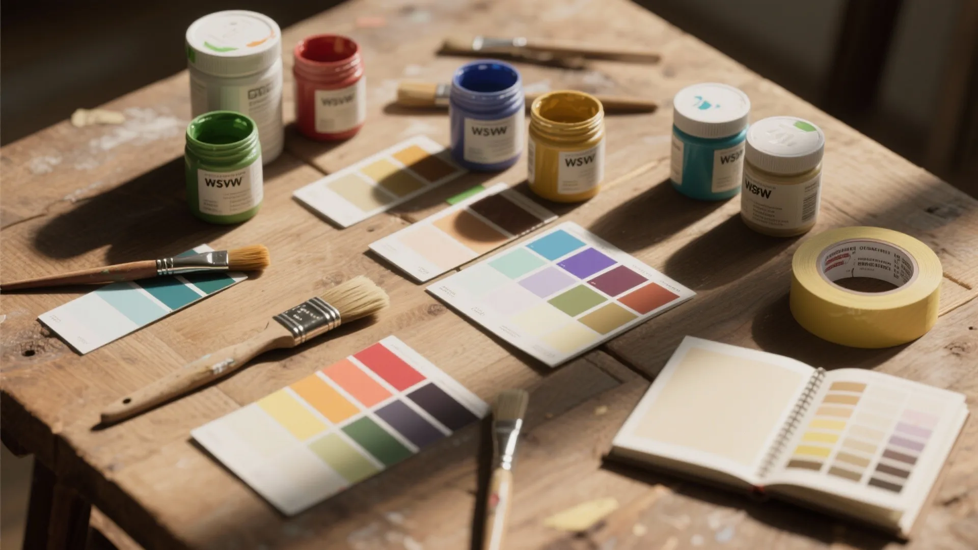 Top-down flatlay of paint sample pots, color chips, brushes, and swatches arranged for color testing in a small space project.