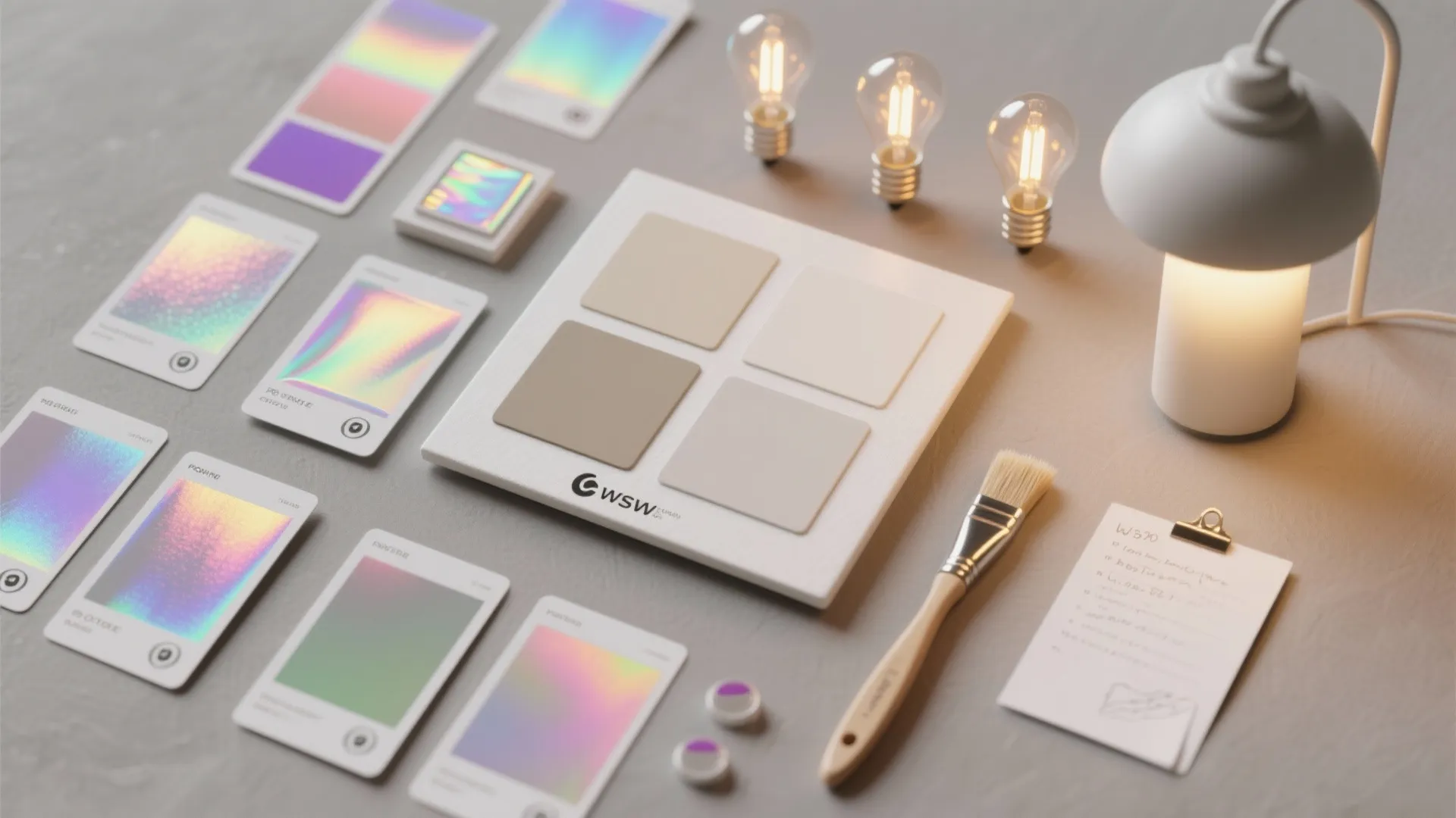 Top-down view of iridescent paint sample boards, swatches, brushes, and bulb samples for testing finishes.