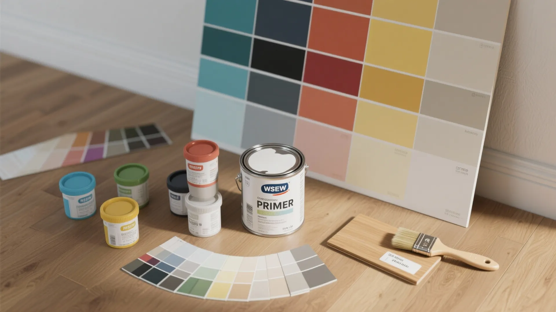 Top-down flatlay of paint sample pots, painted panels, brushes and swatches for testing creams