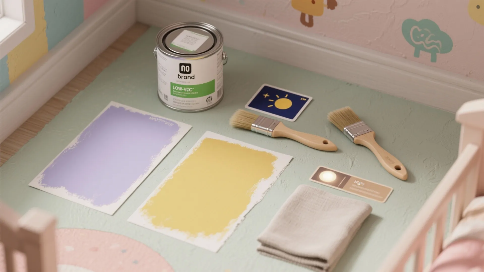 Wall paint can with brushes and colorful purple and yellow paper samples on green floor