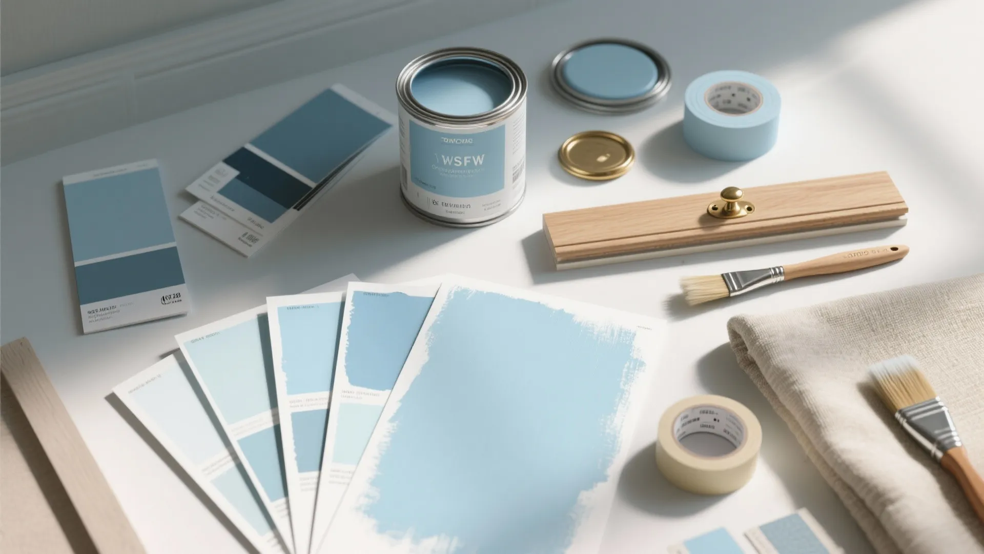 Blue paint can with color samples brushes tape and wood tools for home wall renovation