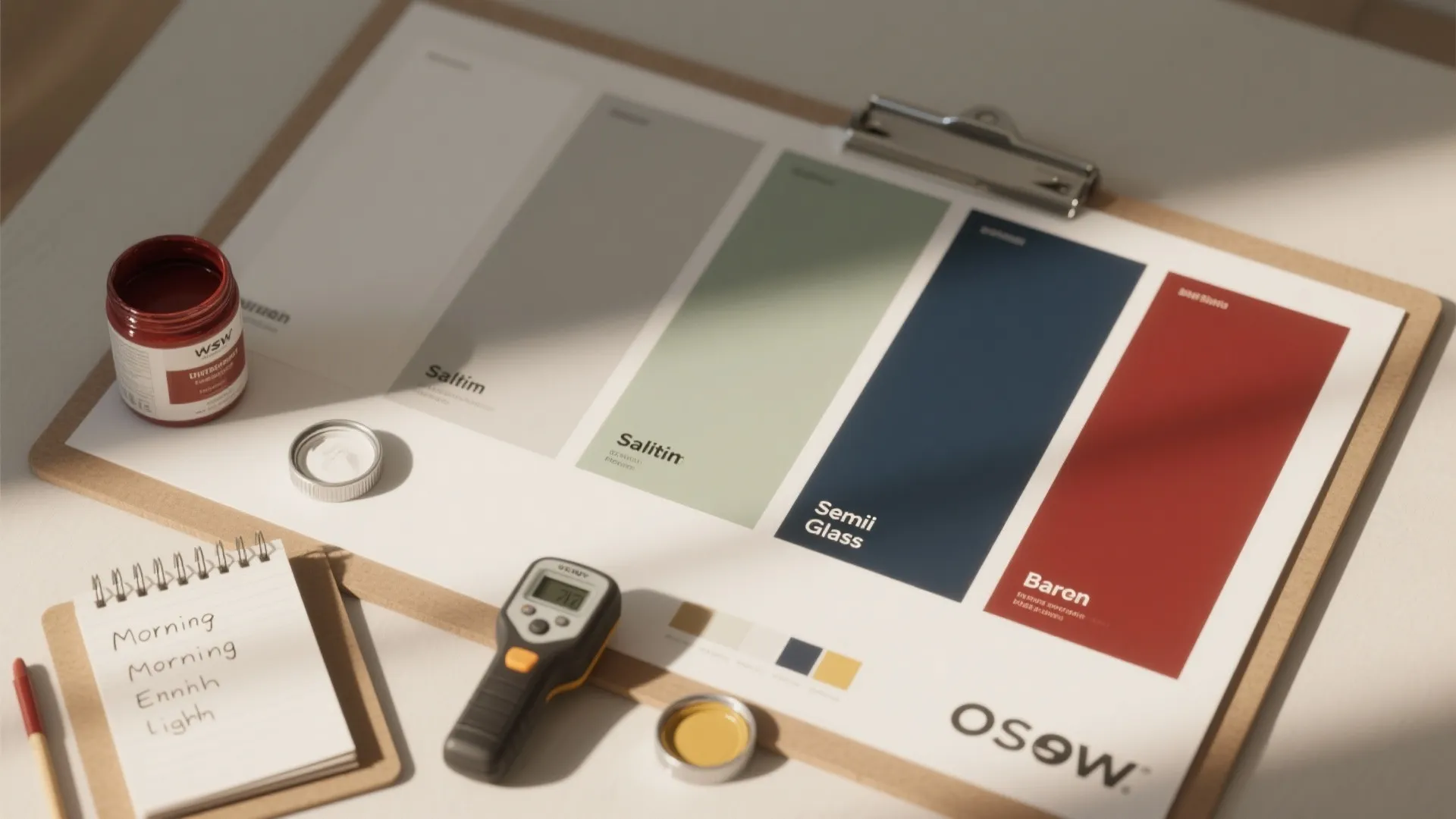 Top-down view of large paint swatches on poster boards showing whites, greige, sage, navy and barn red with finish samples.