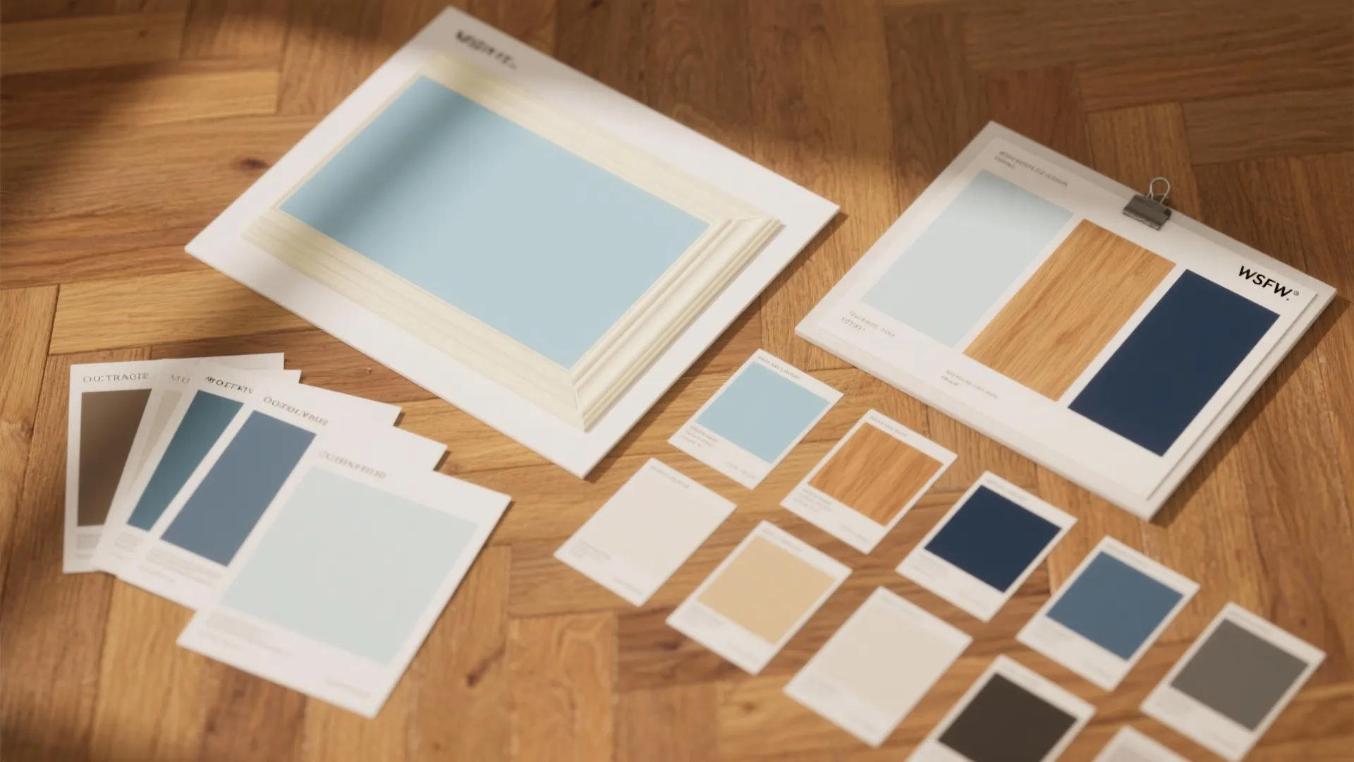 Interior design color palettes and paint samples displayed on a wooden floor for home decoration
