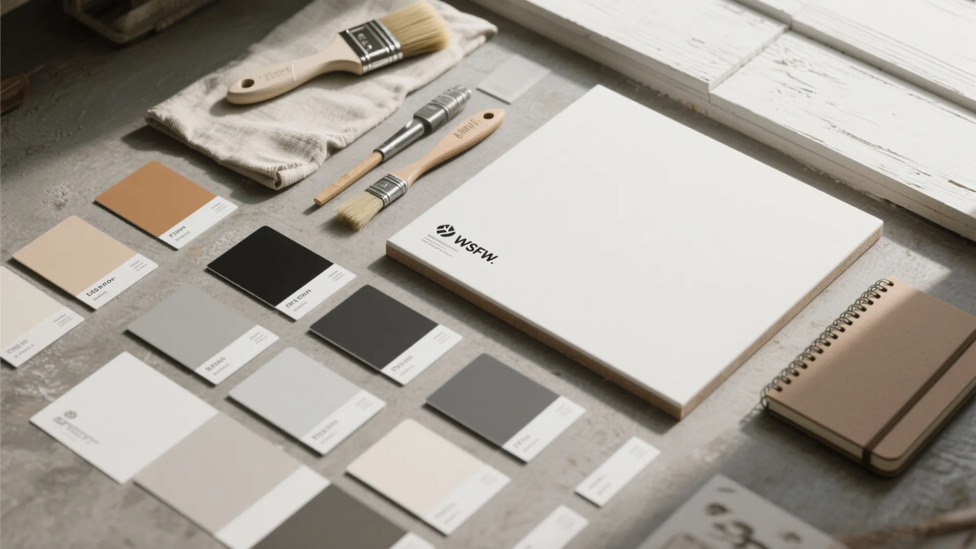 Various paint color samples arranged on a grey table with brushes for interior design planning
