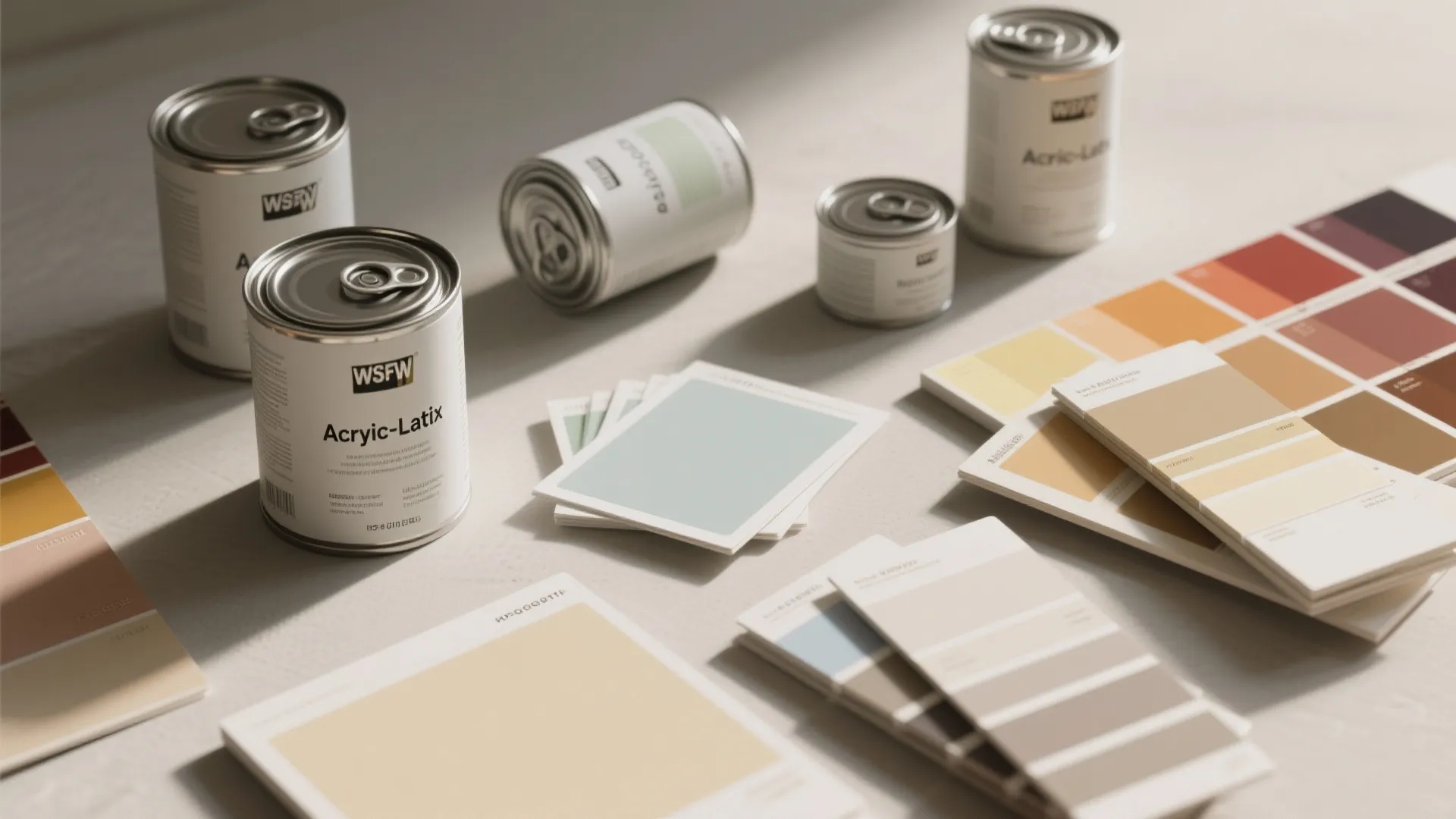 Various paint cans and colorful color swatches laid out on a table for interior design