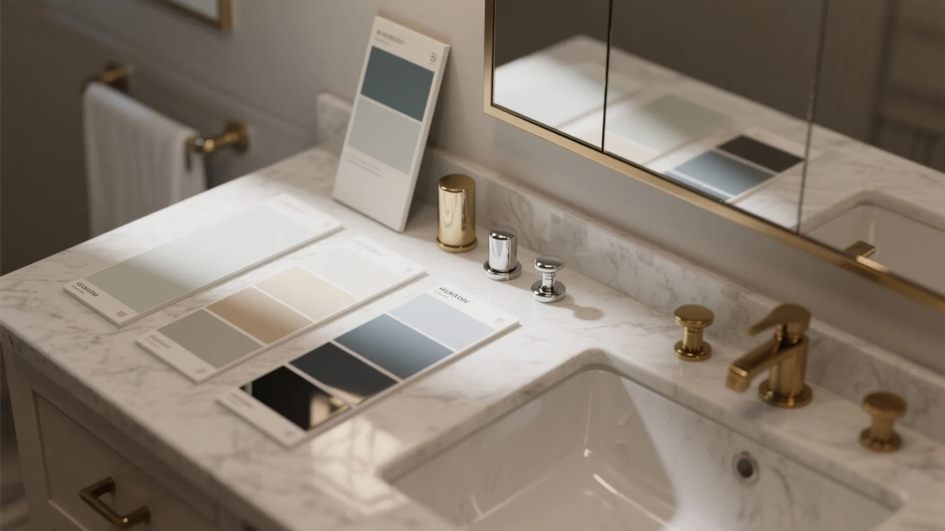 Various color paint samples on a marble bathroom counter with gold faucet and white sink