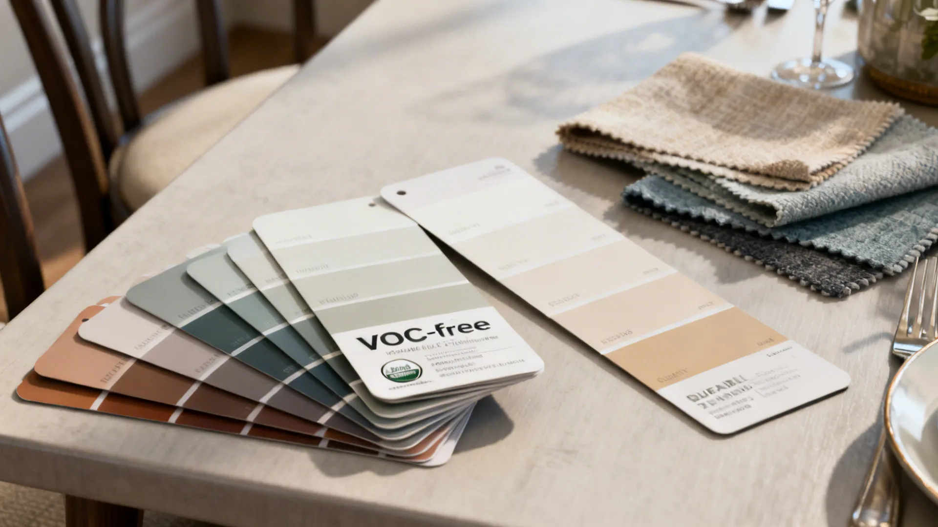 Washable paint sample cards, low-VOC label, and coordinated textile swatches on a table.
