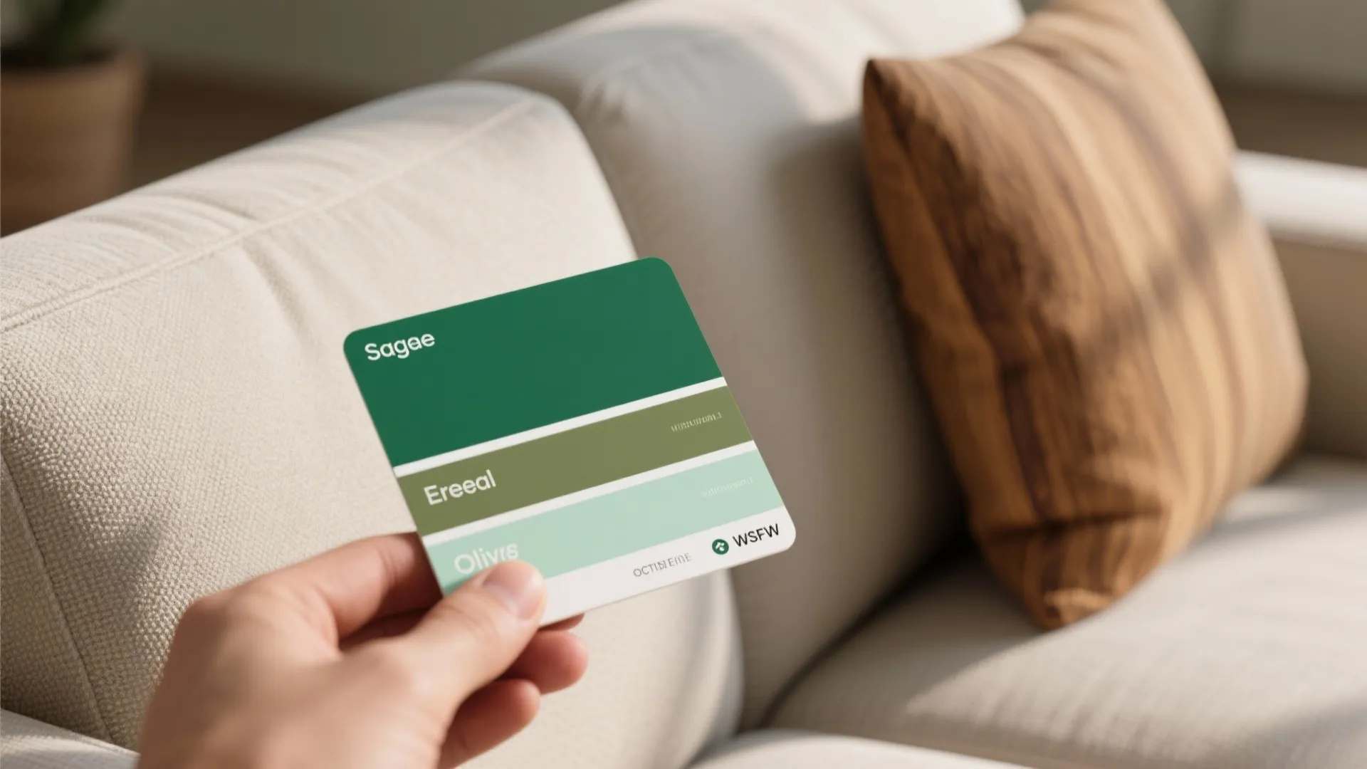 Hand holding green paint color samples card in front of a light colored fabric sofa