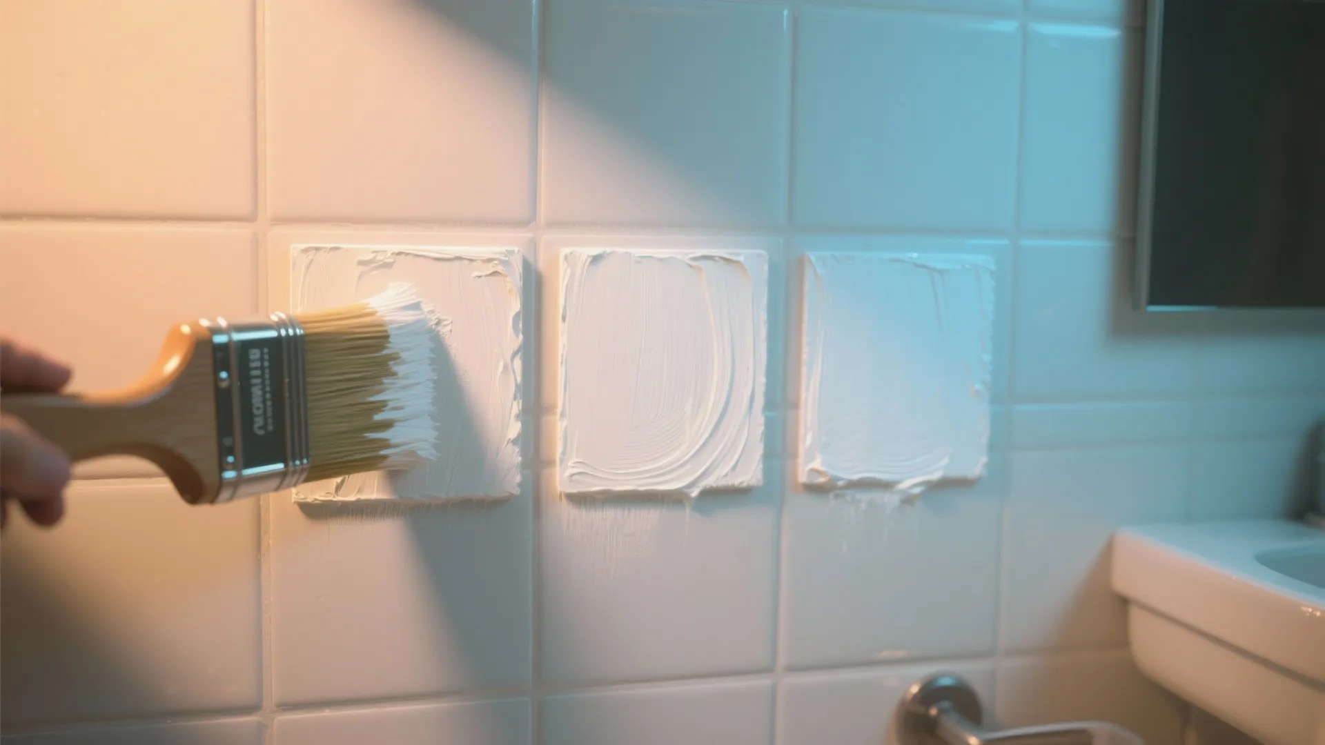 Paint brush and 2x2 ft wall samples showing different white undertones under varied lighting