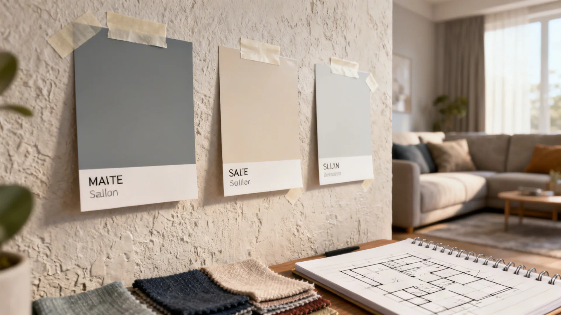 Three paint color samples taped to wall with fabric swatches and floor plan notebook desk