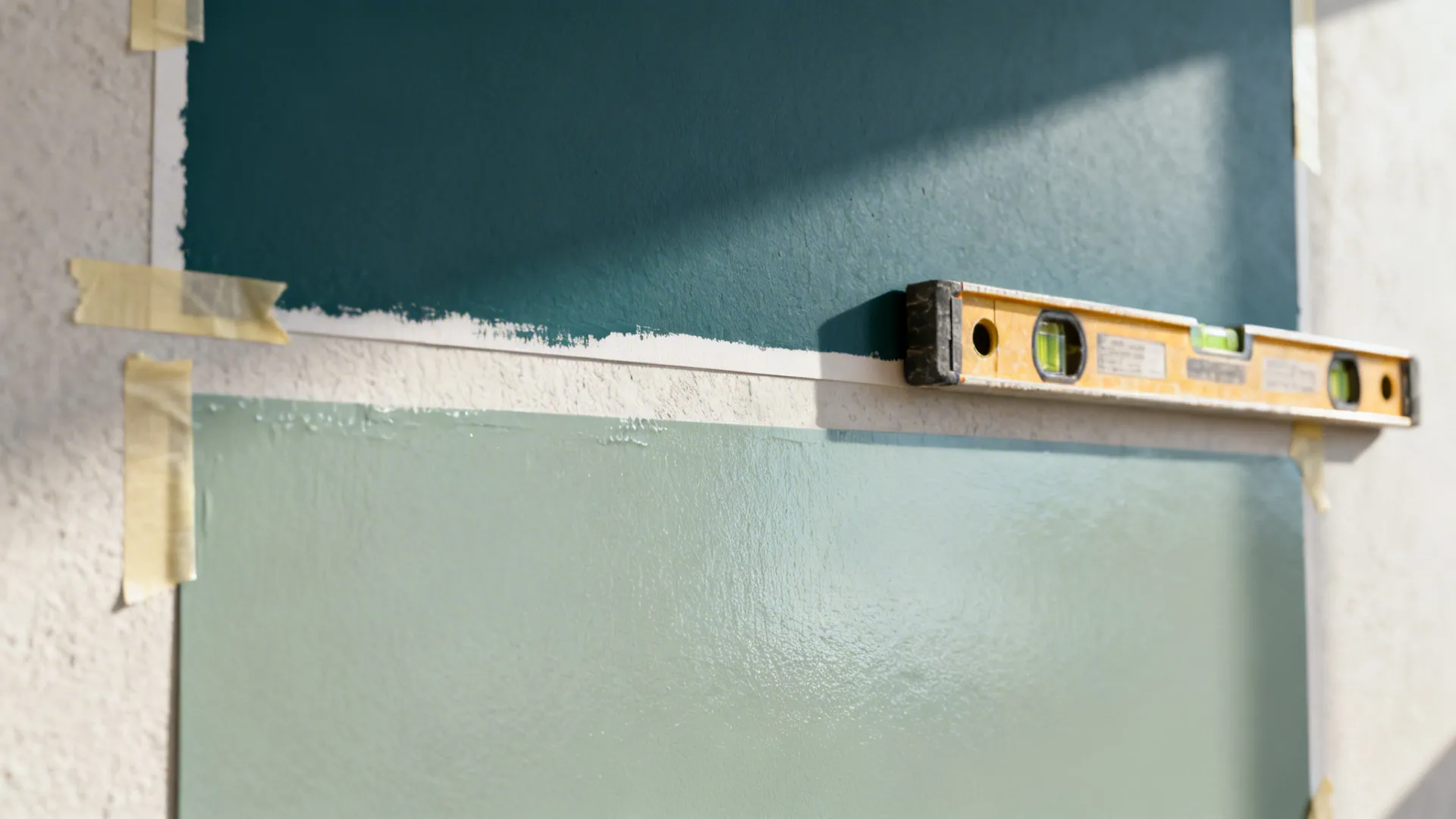 Large paint swatches on a wall with painter's tape and level tool for two-tone testing
