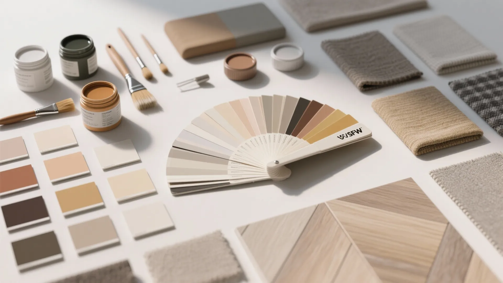 Flatlay of paint fan deck, sample pots, fabric swatches and flooring fragments for color planning