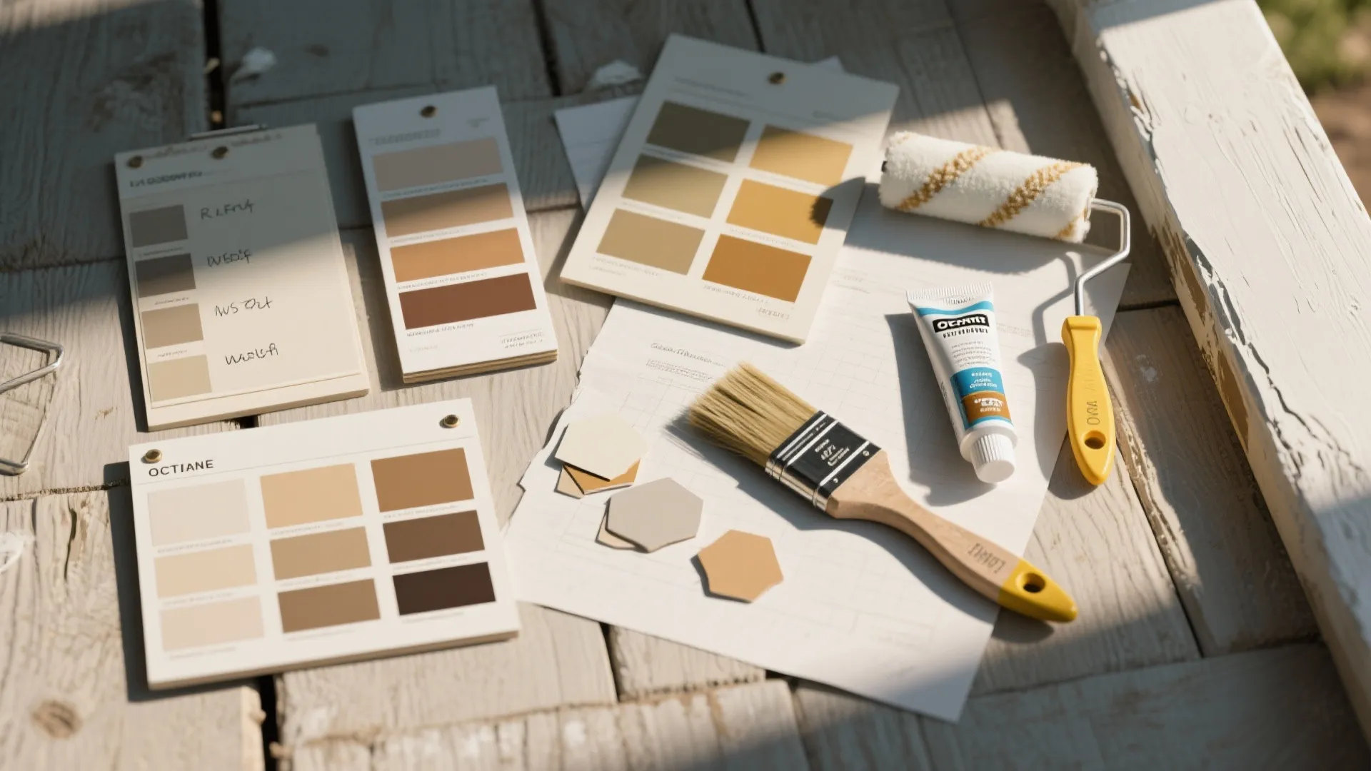 Top-down view of paint chips, labeled sample boards and tools for testing ranch exterior colors.