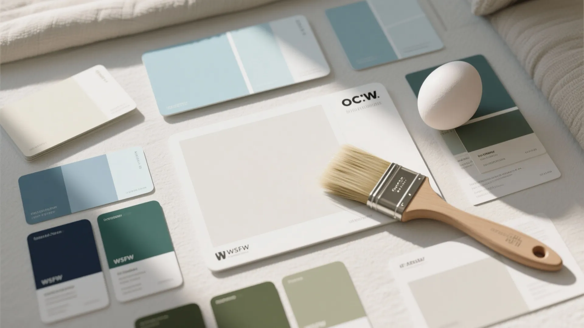 Flatlay of paint swatches and sample cards including neutrals and deep accent colors.