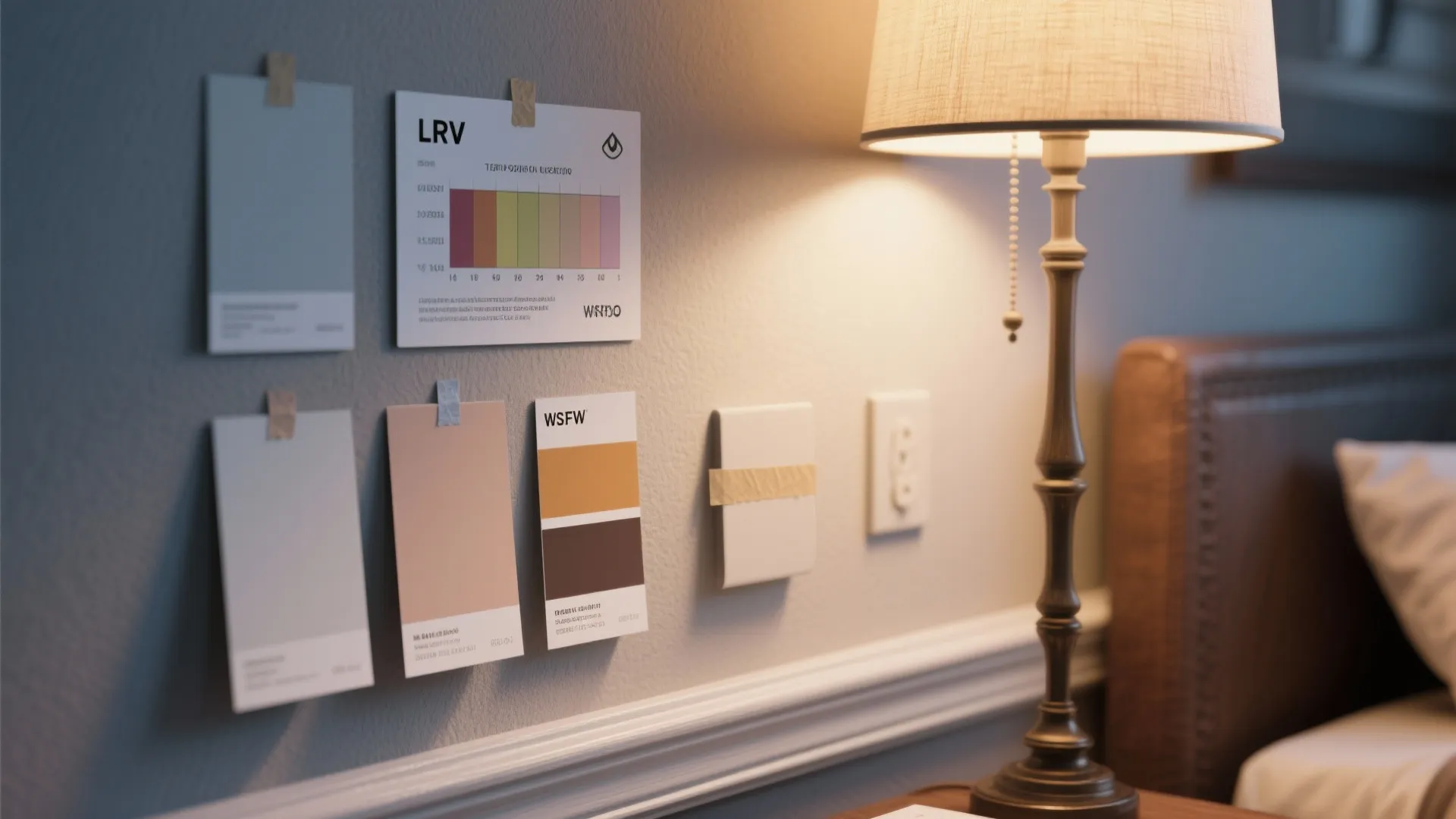 Wall with pinned paint color swatches next to a glowing table lamp and wooden frame