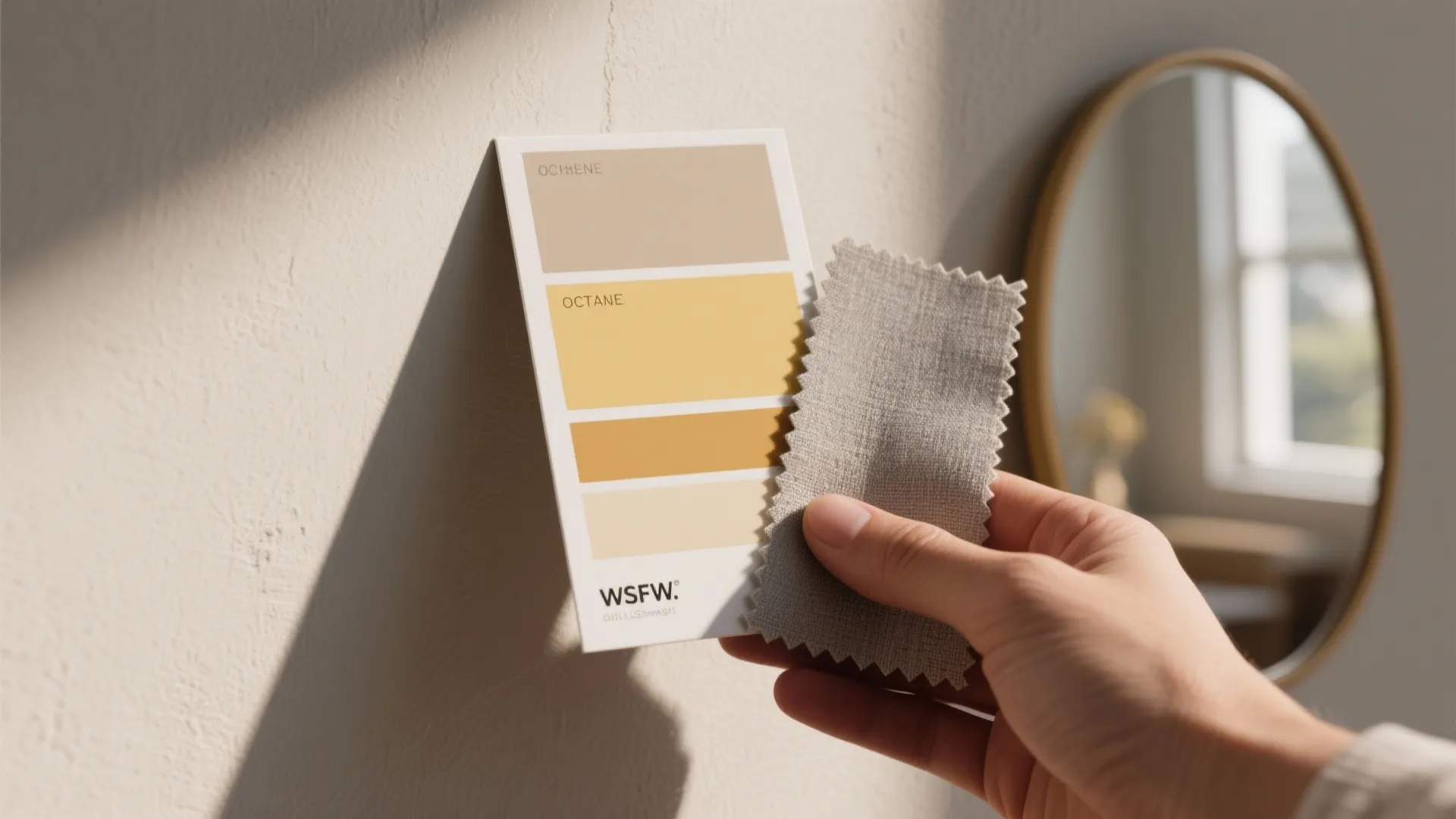 Paint card and beige fabric swatches compared on a wall under natural light for undertone testing.