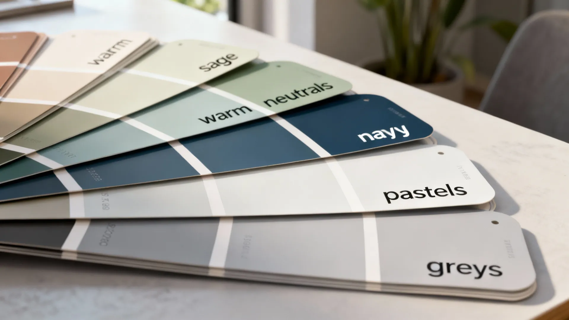 A variety of paint color swatches in grey blue and green spread on a table
