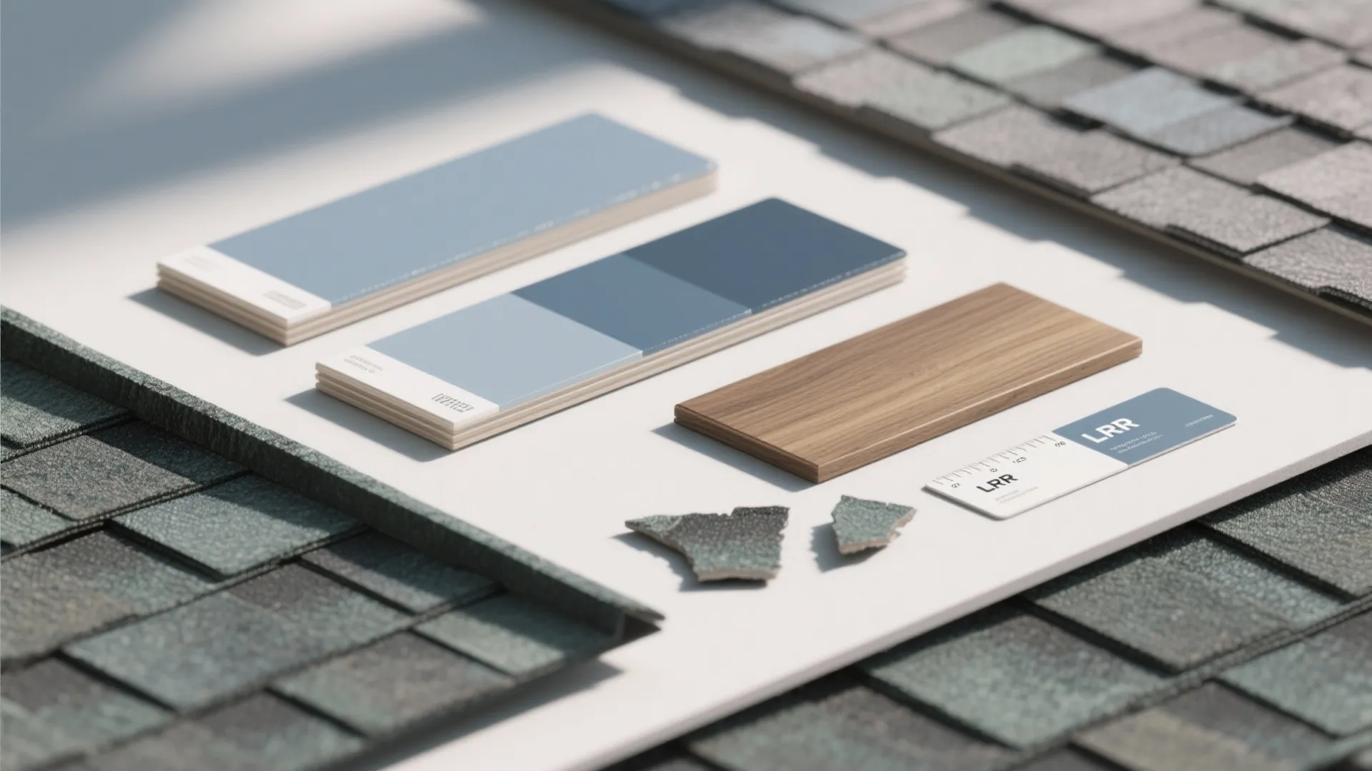 Top-down flatlay of blue-grey paint sample boards, wood veneers and LRV card for exterior color testing.