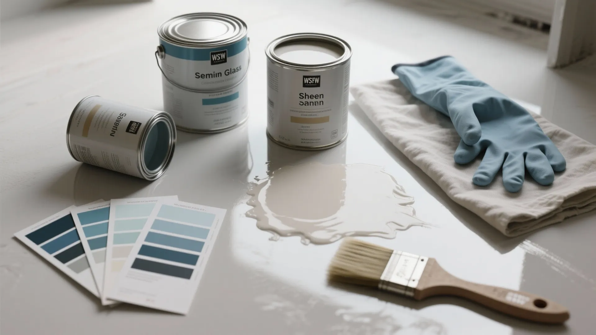Paint cans with blue color swatches, a brush, one glove, and spilled beige wall paint