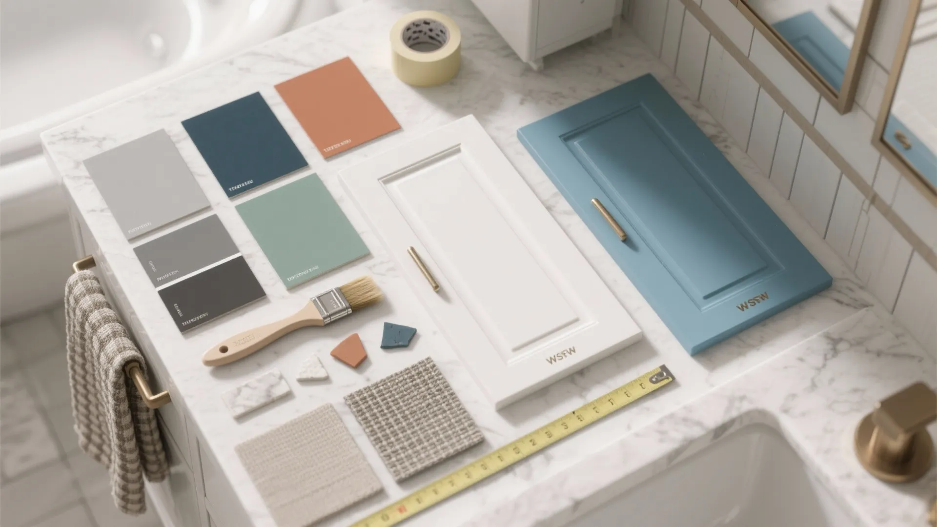 Kitchen cabinet doors and color samples with paint brush on marble surface for interior renovation